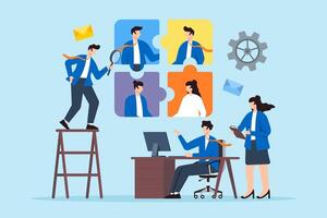 Business team examining puzzle pieces with candidate profiles concept synergy finding perfect match collaborative hiring vector