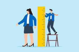 Recruiter measuring candidates with ruler evaluating qualifications precise assessment detailed scrutiny hiring accuracy vector