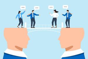 Business team on communication bridge of two heads concept effective collaboration transparency and understanding vector