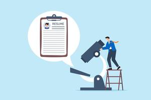 Recruiter using microscope to examine resumes detailed scrutiny finding best candidates focused evaluation microscopic hiring process vector
