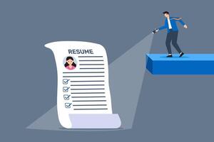 Recruiter using flashlight to highlight resumes focused candidate search illuminating top talent detailed scrutiny standout profiles vector