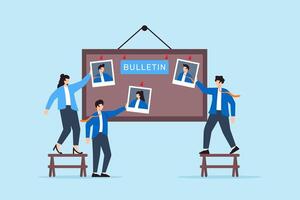 HR team placing candidate photos on bulletin board comparison visual hiring process organizing job applicants recruitment strategy vector