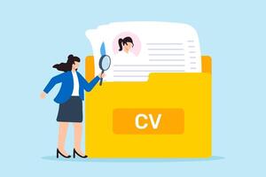 Businesswoman sorting CV in yellow folder through magnifying glass detailed candidate screening and recruitment process vector