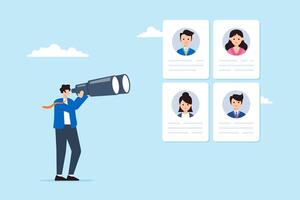 Recruiter using binoculars to look at candidate profiles long-range search detailed observation distant talent acquisition focused recruitment vector