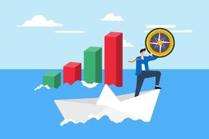 Businessman holding compass while sailing paper boat on stock market chart concept navigating investments trends and direction vector