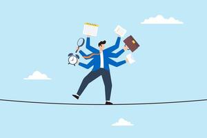 Businessman juggling multiple tasks balancing on tightrope concept multitasking challenges vector