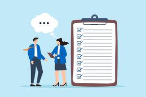 Businesswoman conducting interview with checklist concept thorough candidate assessment systematic evaluation detailed questioning vector