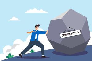 Businessman struggles to push large rock labeled competition uphill concept market challenges rivalry and persistence vector
