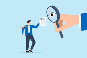 Recruiter hand using magnifying glass with eye to inspect resumes hold by candidate detailed evaluation thorough scrutiny finding best meticulous recruitment vector