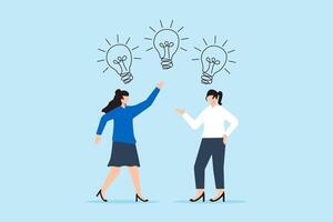 Two businesswomen brainstorming with light bulb above head concept creativity ideas and problem-solving vector