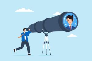 Employer using telescope to view candidate profiles long-distance recruitment detailed observation finding distant talent focused hiring vector