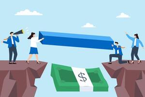 Business team building bridge over financial gap with large dollar bill concept investment strategies and connecting opportunities vector