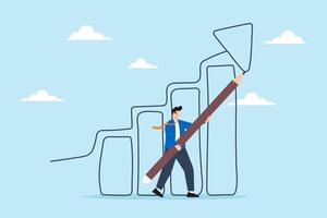 Businessman draws giant pencil to sketch growth plans concept strategic planning creativity and business development vector
