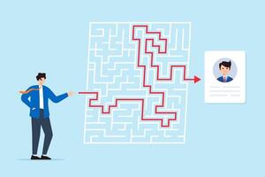 HR manager navigating labyrinth with candidate profiles complex hiring process finding best path strategic recruitment overcoming obstacles vector