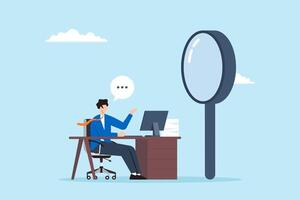 HR manager conducting interview with magnifying glass detailed candidate assessment thorough questioning focused recruitment meticulous hiring vector