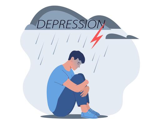 Sad male suffer from depression or mental psychological problems. Young man sitting under rain and cloud. Crisis, burnout syndrome, relationship trouble, loneliness