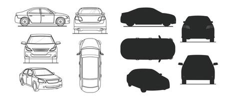 car in different view Side front back and top view silhouette flat illustration vector