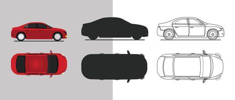 car in different view Side front back and top view silhouette flat illustration vector