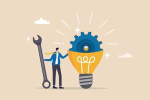 Innovation or product development, idea or solution to solve business problem, invention or technology creation to build new product, efficiency concept, businessman build gear in lightbulb idea. vector