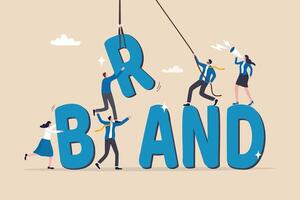 Build branding create brand awareness advertising, product or company value strategy, build reputation or identity for customer recognition concept, business people help building the word BRAND. vector