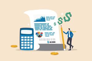 Financial statement, money expense profit and loss report, tax audit chart and graph, calculate budget, financial research or banking document concept, business man with financial statement document. vector