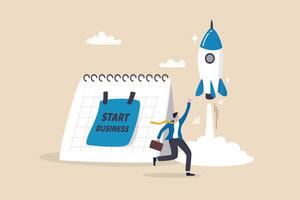 Start new business, quit full time job, startup launch company or product, begin innovative project, entrepreneur start small company concept, businessman launch rocket with calendar start date. vector