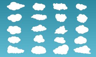 Collection of simple cloud shapes isolated on blue background. Set flat white cloud element icons vector