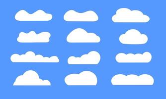 Simple and flat collection of clouds isolated on blue background. White cloud element icon vector