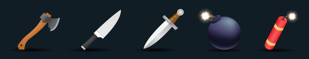 Sword, knife, axe, dynamite and bomb emoji illustration isolated on background. Emoji set. 3d illustration. vector