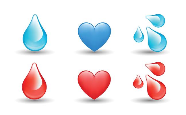 6 Emoticon isolated on White Background. Blue water drop, Red blood drop, blue and red heart emoji Illustration. 3d Illustration set.