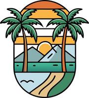 a palm tree and mountain with a sunset in the background vector