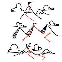 hand drawn doodle mountain peak with flag and trail tracking illustration vector