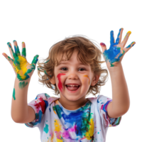 A young child with a joyful expression, hands held up and covered in various paint colors isolated on a transparent background png