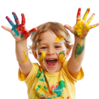 A young child with a joyful expression, hands held up and covered in various paint colors isolated on a transparent background png