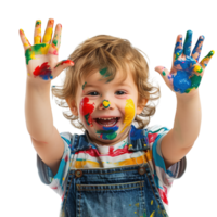 A young child with a joyful expression, hands held up and covered in various paint colors isolated on a transparent background png