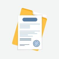 Document, folder with stamp and text icon in flat style. White papers illustration on isolated background. Confirmed or approved document sign business concept. vector
