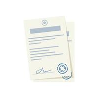 Document with stamp and text icon in flat style. White papers illustration on isolated background. Confirmed or approved document sign business concept. vector