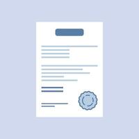 Document with stamp and text icon in flat style. White papers illustration on isolated background. Confirmed or approved document sign business concept. vector