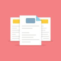 Document with stamp and text icon in flat style. White papers illustration on isolated background. Confirmed or approved document sign business concept. vector