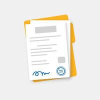 Document, folder with stamp and text icon in flat style. White papers illustration on isolated background. Confirmed or approved document sign business concept. vector