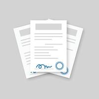 Document with stamp and text icon in flat style. White papers illustration on isolated background. Confirmed or approved document sign business concept. vector