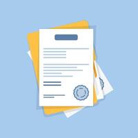 Document, folder with stamp and text icon in flat style. White papers illustration on isolated background. Confirmed or approved document sign business concept. vector