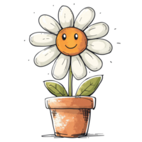 Doodle-style illustration featuring a happy daisy in a whimsical flower pot, isolated on a transparent background png