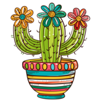 Doodle-style illustration of a cheerful cactus with flowers in a colorful striped pot, isolated on a transparent background png