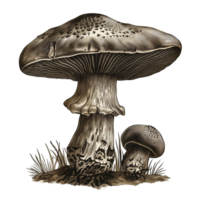 An intricately detailed mushroom image in the color style of old engravings, isolated on a transparent background png