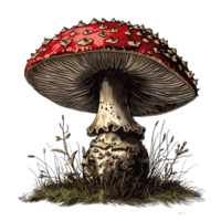 An intricately detailed mushroom image in the color style of old engravings, isolated on a transparent background png