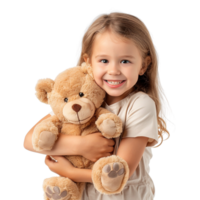 Little happy child kid girl, smiling and having fun while hugging a teddy bear plush toy, isolated on a transparent background png