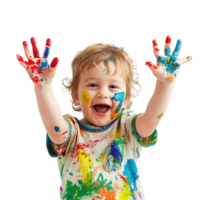 A young child with a joyful expression, hands held up and covered in various paint colors isolated on a transparent background png