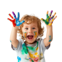 A young child with a joyful expression, hands held up and covered in various paint colors isolated on a transparent background png
