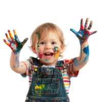 A young child with a joyful expression, hands held up and covered in various paint colors isolated on a transparent background png